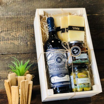 Darčeková talianska debnička s vínom Primitivo alebo Sangiovese – gourmet box